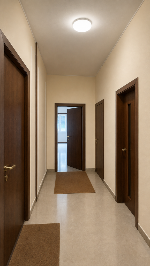 Corridoio interno con ingressi agli alloggi della palazzina residenziale di Monza