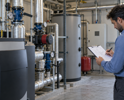 Tecnico che consulta uno schema degli impianti durante un sopralluogo per la diagnosi energetica