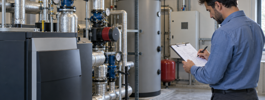 Tecnico che consulta uno schema degli impianti durante un sopralluogo per la diagnosi energetica